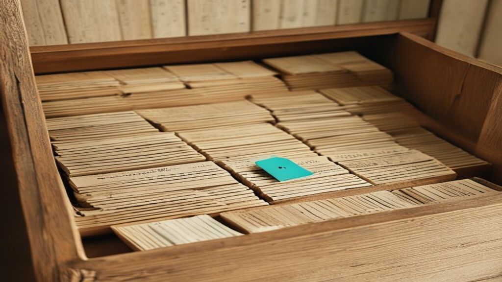 Rows of library catalog index cards in a wooden drawer, one marked with a teal tab
